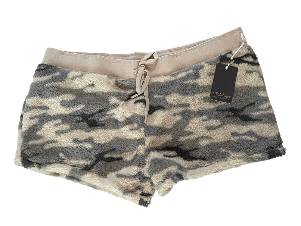 NWT PJ Salvage Womens XL Camo Olive Thick Faux Fur Fleece Shorts SOFT #LOT50